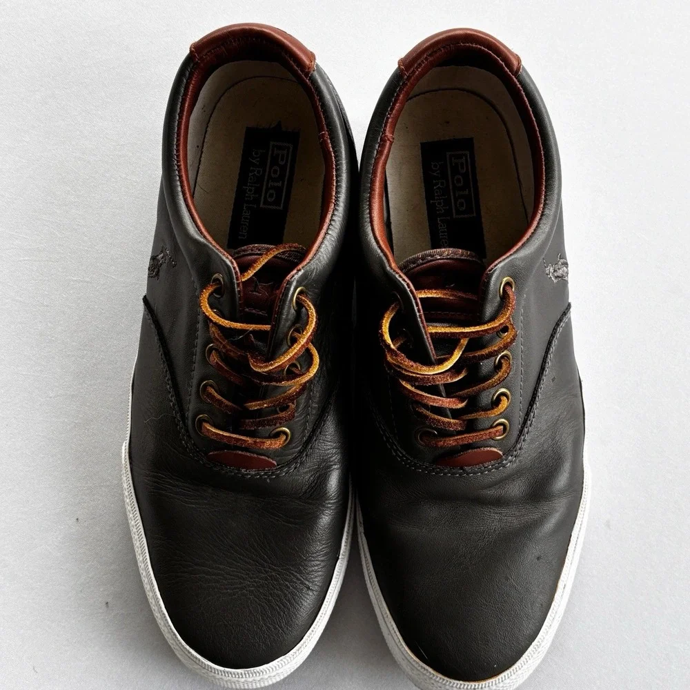 Polo Ralph Lauren Vaughn 9D Leather Sneakers Black Brown‎ Lace Up Shoes
